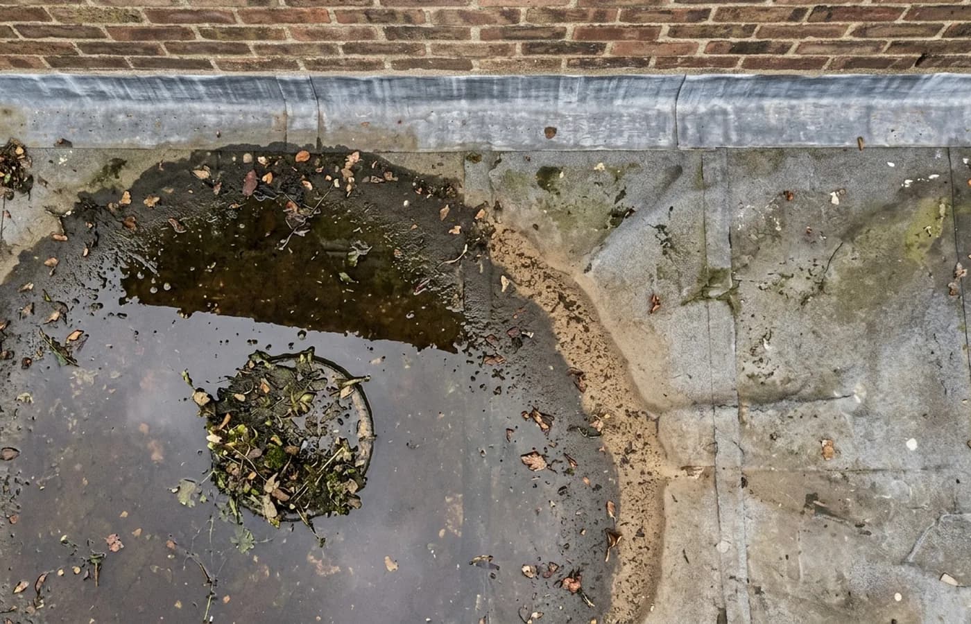A small flat roof photographed straight down with water ponding around a blocked outlet, silt and leaf litter across the covering and a flashing upstand against the wall behind