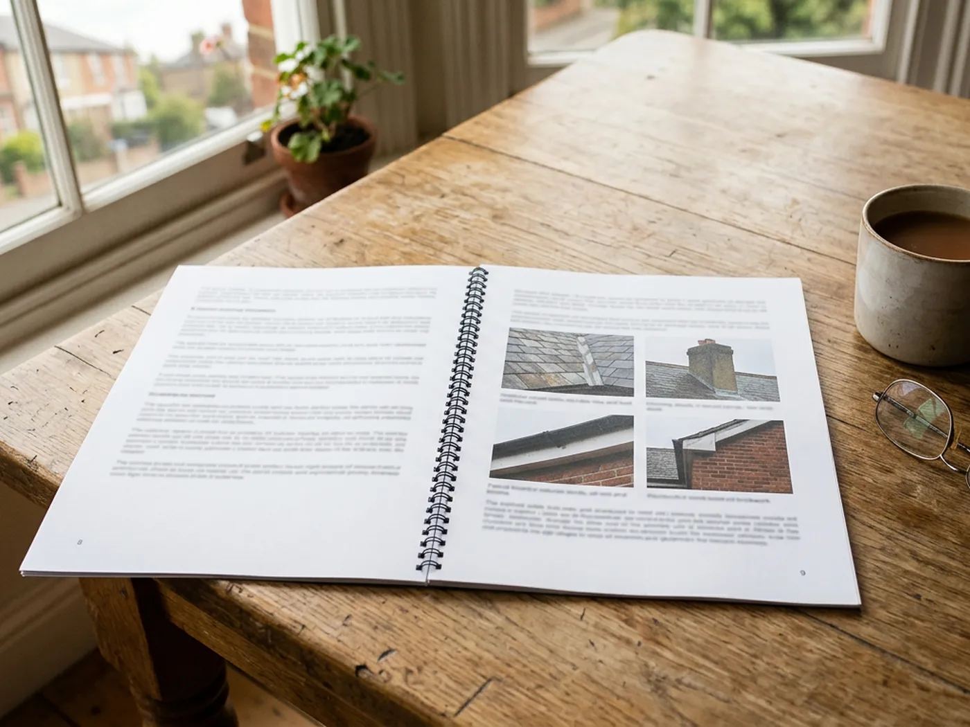 A printed survey report lying open on a kitchen table with photographs of a roof on the page, reading glasses and a mug beside it